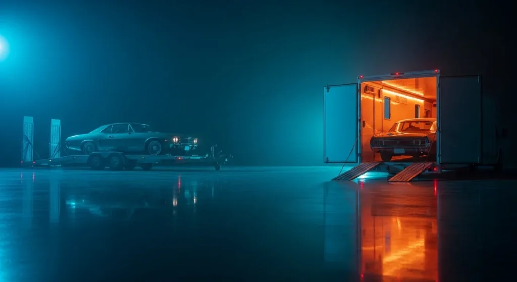 Classic cars being transported in enclosed vehicle trailers at night.