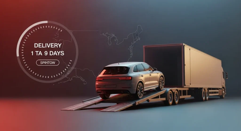 Vehicle being loaded onto an enclosed car transport truck for delivery.