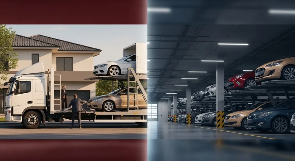 Vehicle transport truck delivering cars to a secure indoor vehicle storage facility.